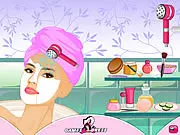 Screenshot of the Luxury Salon Makeover game interface showing a girl receiving a skin treatment or applying makeup