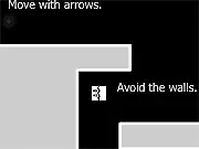 Gameplay screenshot of Black'n'White 2 showing a white square maneuvering through tight black corridors with fast-moving block obstacles.