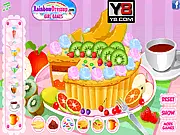 Screenshot of Granny's Pie decoration free game showing a fully decorated pie with whipped cream, fruit, and chocolate toppings