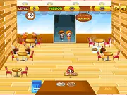 Amy's Restaurant time management game screenshot showing the restaurant floor plan, customers seated at tables, and Amy the waitress carrying food