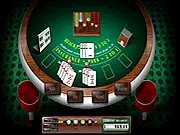 Online Blackjack table game showing a classic casino setup with cards, chips, and the number 21