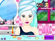 A fully dressed model showcasing a glamorous hairstyle, evening gown, and full makeup from the Night Party Makeover online game.