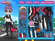Play Motor Girl Dressup free online. Style the biker fashionista Jane with clothes, helmets, and accessories.