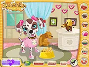 Dalmatian Dress Up game screen showing a cute spotted puppy wearing a pair of sunglasses and a colorful hat.