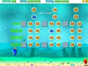 Screenshot of the Fish! Let's Jump 2 game showing a small cartoon fish jumping out of the water to hit floating starfishes
