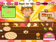 Pizza Shop IDnet time management game screenshot showing the pizza counter, various ingredients, and a customer waiting for their order