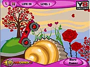 Love's Truck game screenshot, Cupid's truck driving over giant cupcakes and strawberries, free online physics driving game