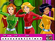 Totally Spies Hidden Letters game screenshot showing Sam, Clover, and Alex with letters hidden in the background, play free online hidden object game.