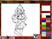 Winx Bloom Kids Coloring game showing a line art image of Bloom from Winx Club ready for coloring, play free online kids game.