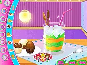 The Super Cocktail game screen showing a bartender mixing a drink with various colorful ingredients and a line of impatient customers.