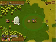 Sacred Heroes online game image showing various heroes defending villagers building a temple, strategic defense game on PlayArcadeHub.