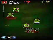 Screenshot of Zombie 300 game showing a character shooting a horde of approaching zombies, free online shooting game