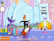 Screenshot of Spy Jet free game showing a rocket bouncing high in the air above ground obstacles with a distance meter visible