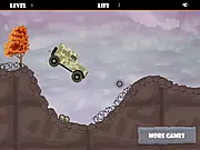 Screenshot of Military Jeep Challenge online game showing a 4x4 jeep driving over a large, steep obstacle ramp
