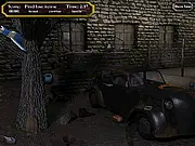 Screenshot from Lost In Forkshire Escape game showing a dark, wooded road at night and an ominous sign pointing to the police station