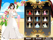 Screenshot of Bella's Wedding Dress Up free online game showing the bride in a beautiful white gown and the groom in a tuxedo.