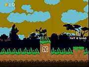 Screenshot of RedMan Adventure platformer game showing the red hero standing next to a diggable bomb and avoiding fire - free online game