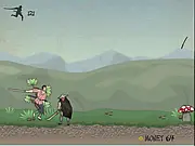 Screenshot from the game Shuriken Run showing a small ninja warrior figure mid-air, surrounded by obstacles like rotating shurikens and blocks.