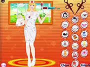 Nurse Girl Dressup game screenshot showing a nurse character ready to be dressed, with various uniform options and medical accessories on the side