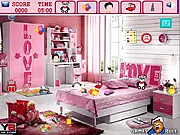 Screenshot of Young Girl Room Objects game, showing a messy bedroom with various hidden items to find