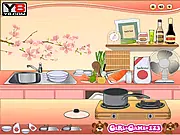 Mia Cooking Sushi game image showing a plate of freshly rolled sushi and a bamboo mat on a cutting board