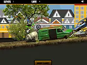 Screenshot of New Bike Mania showing a dirt bike rider airborne over a large ramp on a difficult trial course. Play the free online bike game.