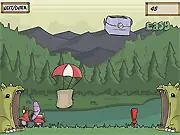 Gameplay screenshot of Scooterman HD showing the character dodging a large drill and pieces of toast falling from the sky
