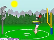 A soccer ball bouncing toward a goal post while the player dodges a high rocket and a bomb in the fast-paced free online runner game Sportsball World Cup.