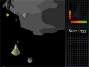 Screenshot of Flesh Fighter classic shooter game showing a small starship firing at a large meteorite and several alien ships in a dark space background, a free online arcade game on PlayArcadeHub.