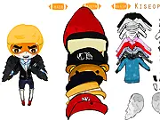 A stylized image of K-Pop star Kiseop from U-KISS in a dress-up game interface, featuring various clothing options