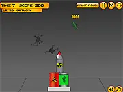 A challenging level in the free online game BombCare, showing a nuke balanced precariously on wooden and metal blocks, awaiting a safe drop to the platform below.