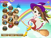 Screenshot of My Trip to Magic game showing a cartoon witch flying on a broomstick high above a detailed city skyline at night