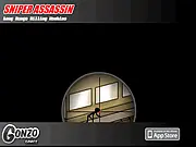 Screenshot of Sniper Assassin free online game, showing a sniper scope zoomed in on a target in an urban environment