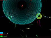 Gameplay screenshot of Laser Jolt: Sudden Attack showing a character dodging multiple enemy projectiles and using a shield power-up.