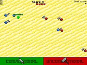 Gameplay screenshot from Weapon Regulator showing a character running across a war-torn landscape dodging bullets