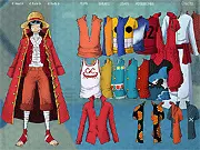 One Piece Monkey D. Luffy Dress Up free online game screenshot showing Luffy in various pirate and adventure outfits with his straw hat.