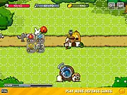 Screenshot of Big Bad Wolf free tower defense game, showing towers shooting at a horde of cartoon wolves approaching sheep