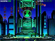 Ben 10 Space Invaders free online game screenshot showing Ben Tennyson fighting alien robots and spaceships attacking a city.