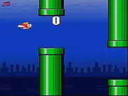 Screenshot of the game Flappy CheepCheep showing the small fish character flying between two green pipes in the classic side-scrolling format.