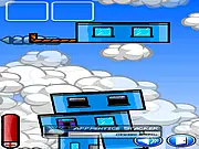 Screenshot of the game Tower Stack Hotel showing colorful square building blocks stacked precariously high against a city background.