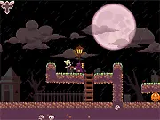 Screenshot of the free online game Turn-Undead, showing a character on a platform aiming a stake at a vampire enemy in a dark, castle-themed level