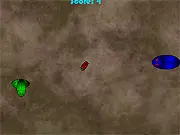 Screenshot of Brave Bug free online game showing a small green bug maneuvering around larger red enemy bugs while trying to eat smaller blue bugs in a survival arcade game environment.