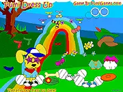 Screenshot from the Pumi Dress Up game, showing an adorable puppy wearing a stylish outfit and accessories in a sunny outdoor setting.