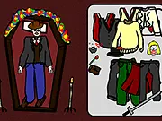 Screenshot from Skeleton Dress Up online game showing a stylized skeleton character wearing a funny hat and colorful clothes against a dark background, a creative free fashion game.