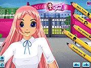 Screenshot of the Cute School Girl Dress Up online game interface, showing an animated schoolgirl character in a trendy uniform, surrounded by menus of various hair styles, makeup, shirts, and skirts.