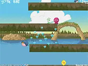 Screenshot of the Super Fall Go Go 2 online game showing a small character falling rapidly down a colorful vertical level filled with platforms and a pink octopus chasing from the top.