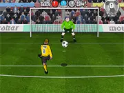 Kill the Keeper free online soccer game screenshot, showing a football and an explosive bomb approaching a surprised goalkeeper on a football pitch on PlayArcadeHub.