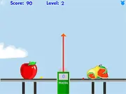Screenshot of the free online puzzle game Fruit Scales, showing a balancing scale with various colorful fruit drops like apples and cherries placed on the two pans