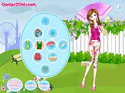 Colorful Dresses free online fashion game screenshot, showing a character wearing bright clothes and holding a matching colorful umbrella on an autumn day on PlayArcadeHub.