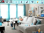 Screenshot of the Aqua Room Objects game showing a messy, blue-themed room with a list of hidden objects to find